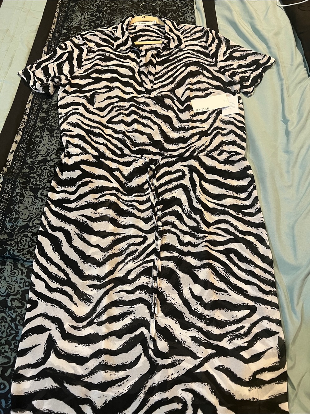 JustFab Black and White Asymmetrical Zebra-Print Dress with Drawstring Waist